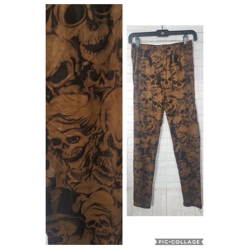 Brown Skull Tights, Skull Leggings, Faux Suede Leggings